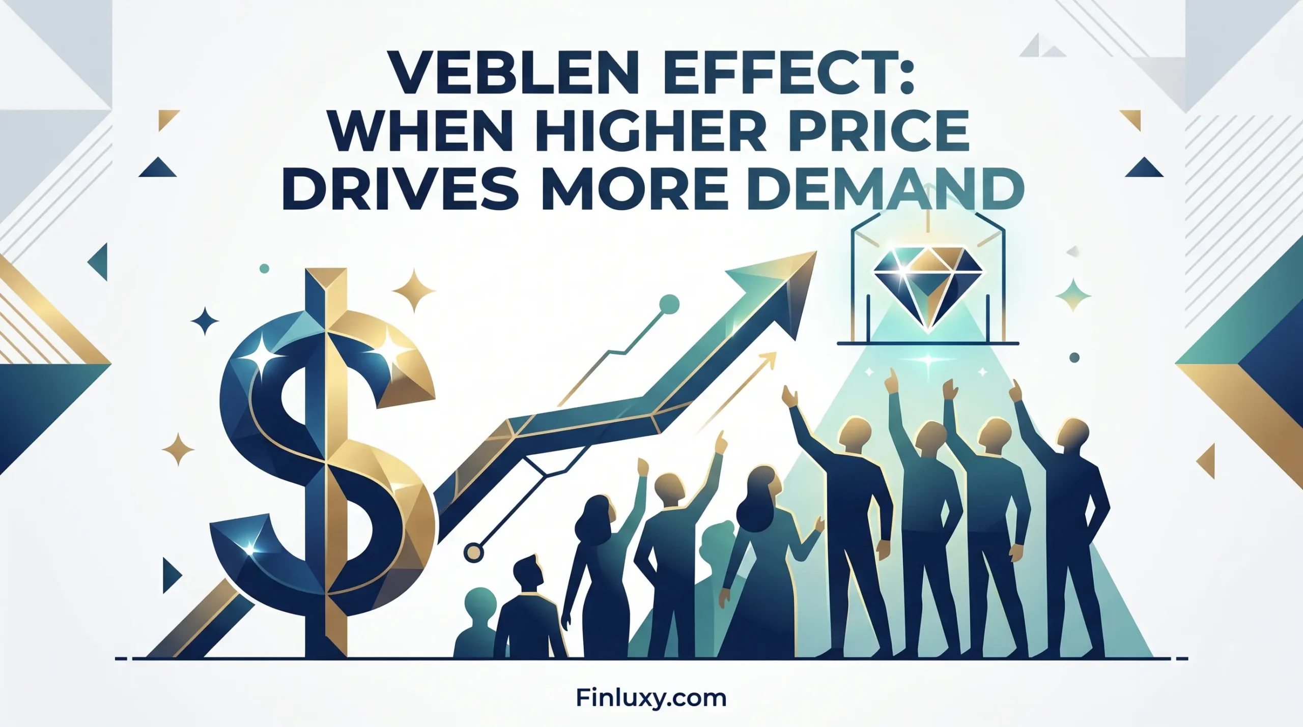 Minimalist geometric vector illustration showing a luxury diamond and a rising trend arrow, representing the Veblen effect.