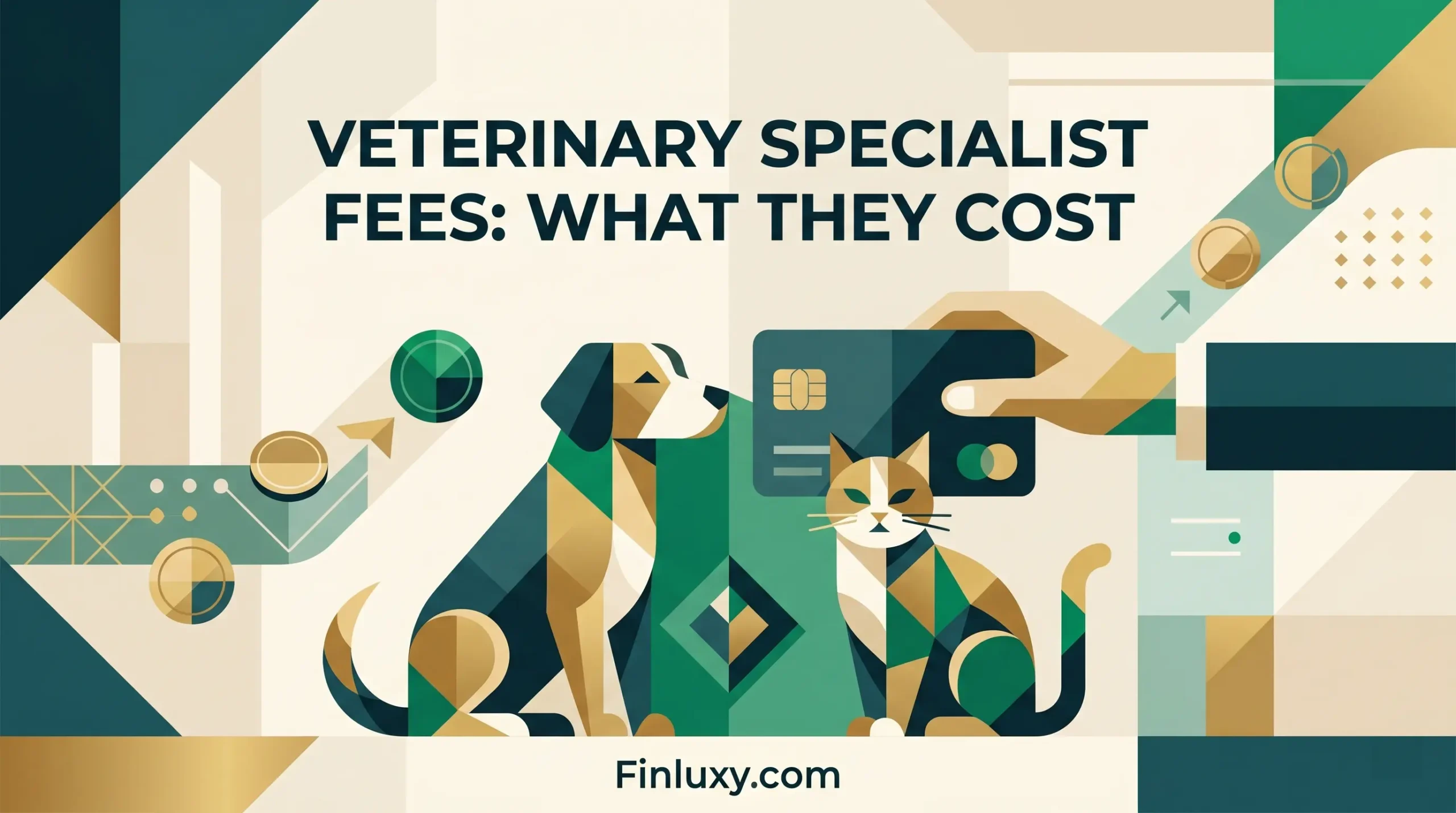 Geometric illustration of a dog, a cat, and a hand with a credit card, symbolizing veterinary specialist costs.