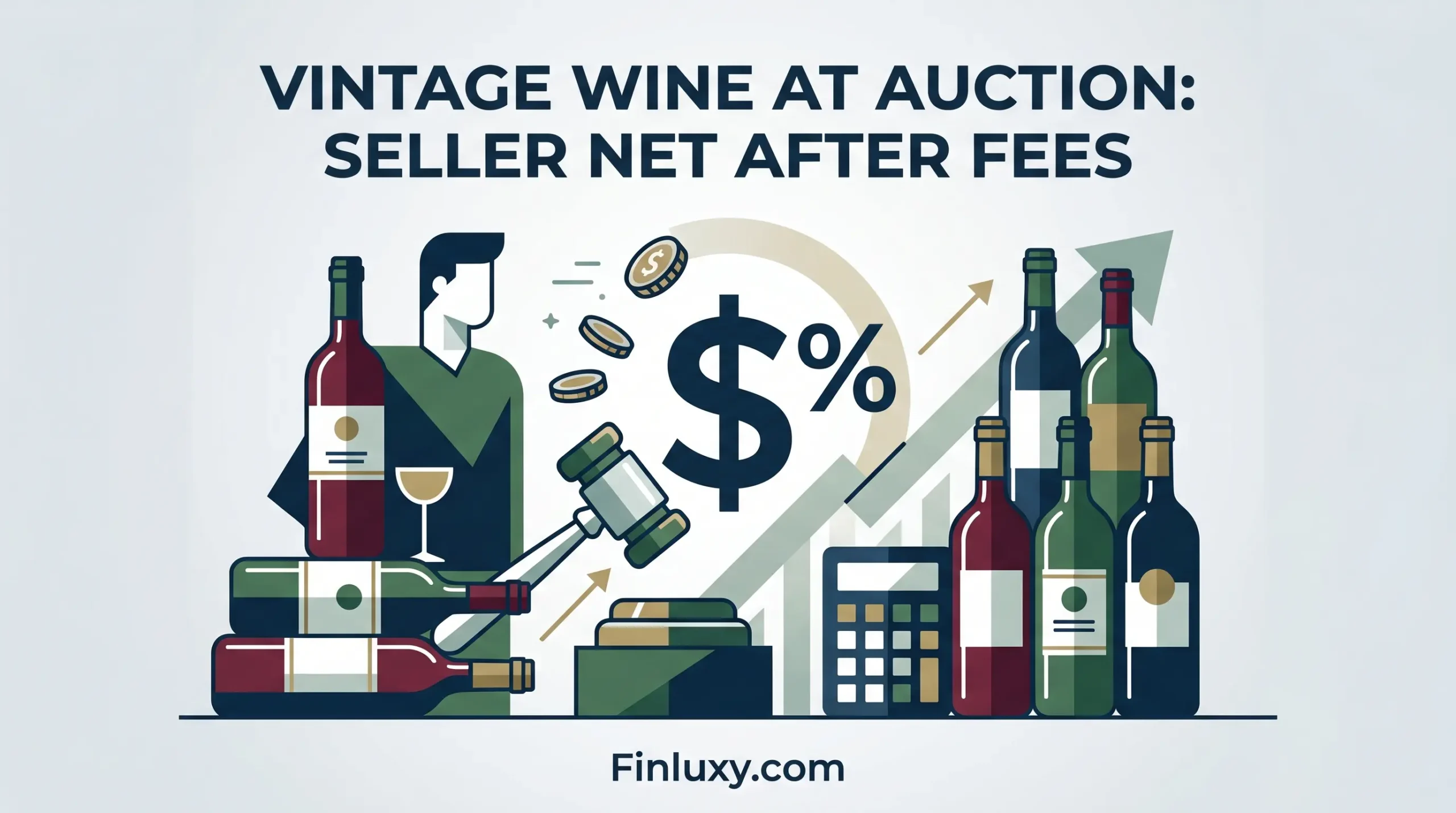Minimal vector illustration of vintage wine bottles being sold, a calculator, and a percent symbol, symbolizing wine auction seller net proceeds after fees.