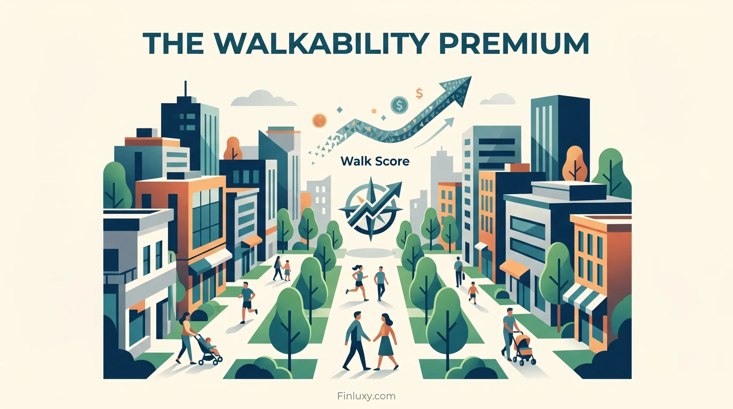 Geometric illustration of pedestrians in a vibrant, walkable neighborhood with subtle financial growth symbols and Finluxy branding.