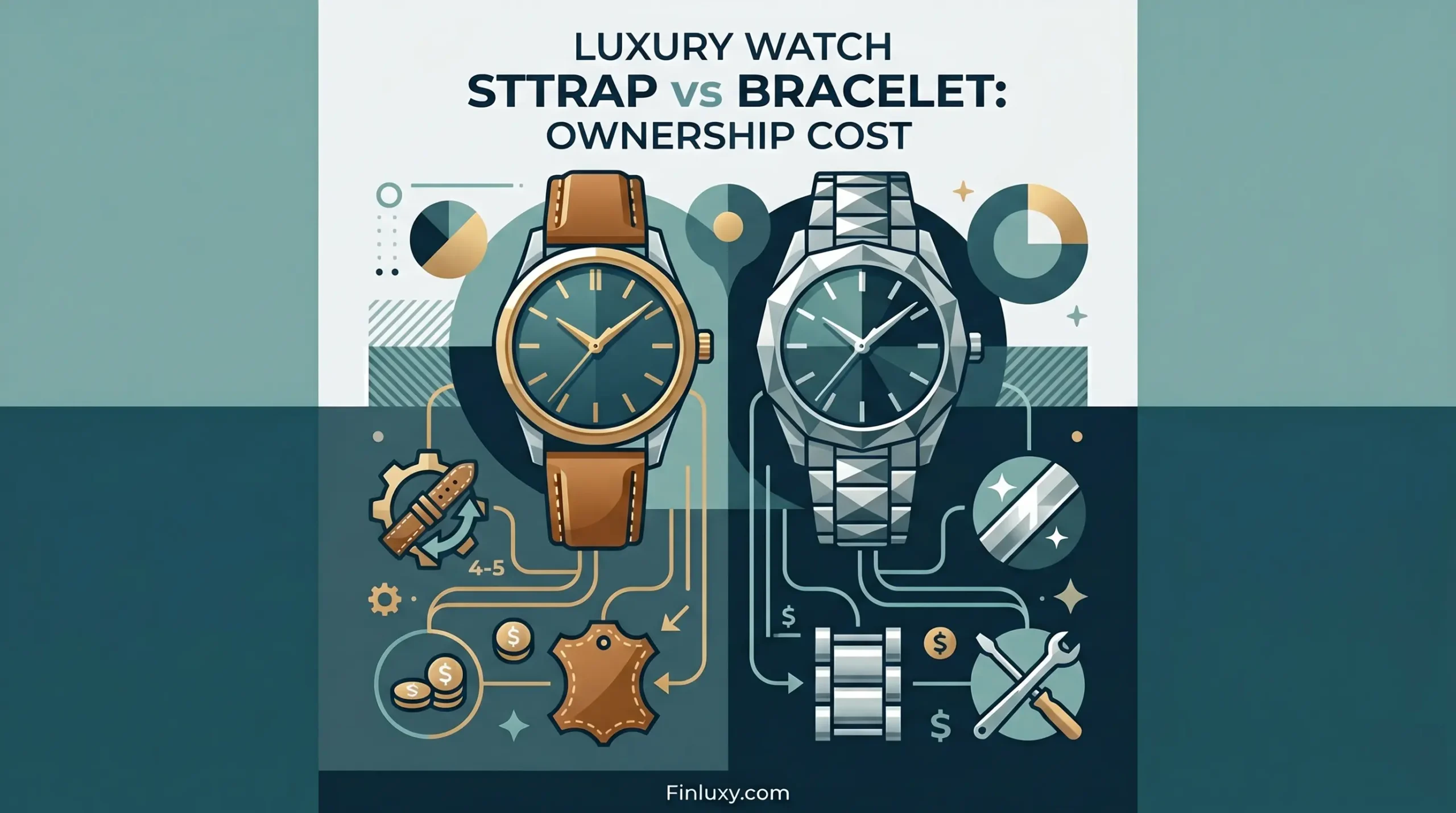 A modern geometric illustration comparing a watch on a leather strap and one on a metal bracelet, illustrating the long-term maintenance costs.