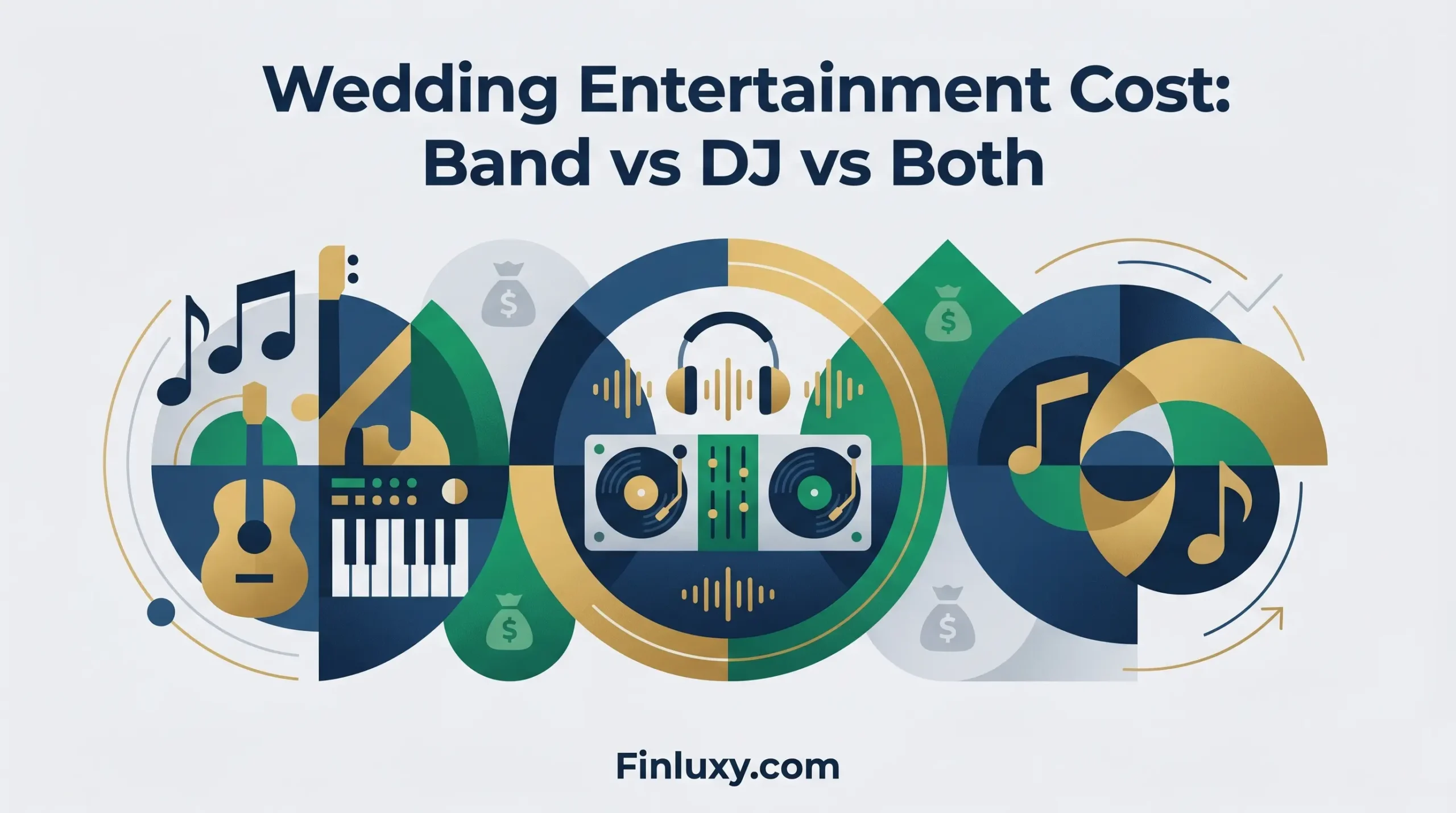 Geometric illustration of musical instruments, a DJ turntable, and money bag icons, titled "Wedding Entertainment Cost: Band vs DJ vs Both."