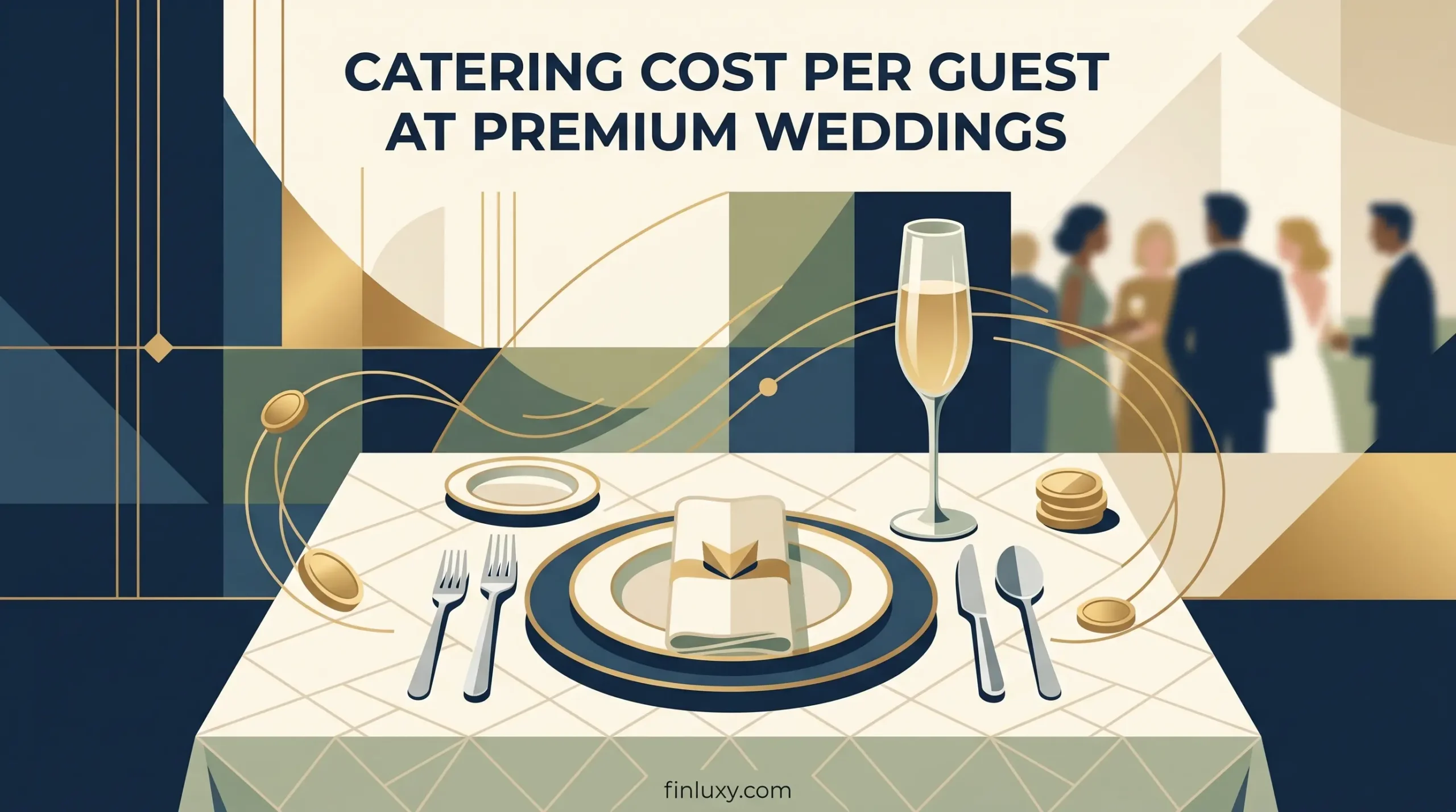 Geometric vector illustration of a luxury wedding table setting with subtle gold coins, featuring the headline "Catering Cost Per Guest at Premium Weddings".