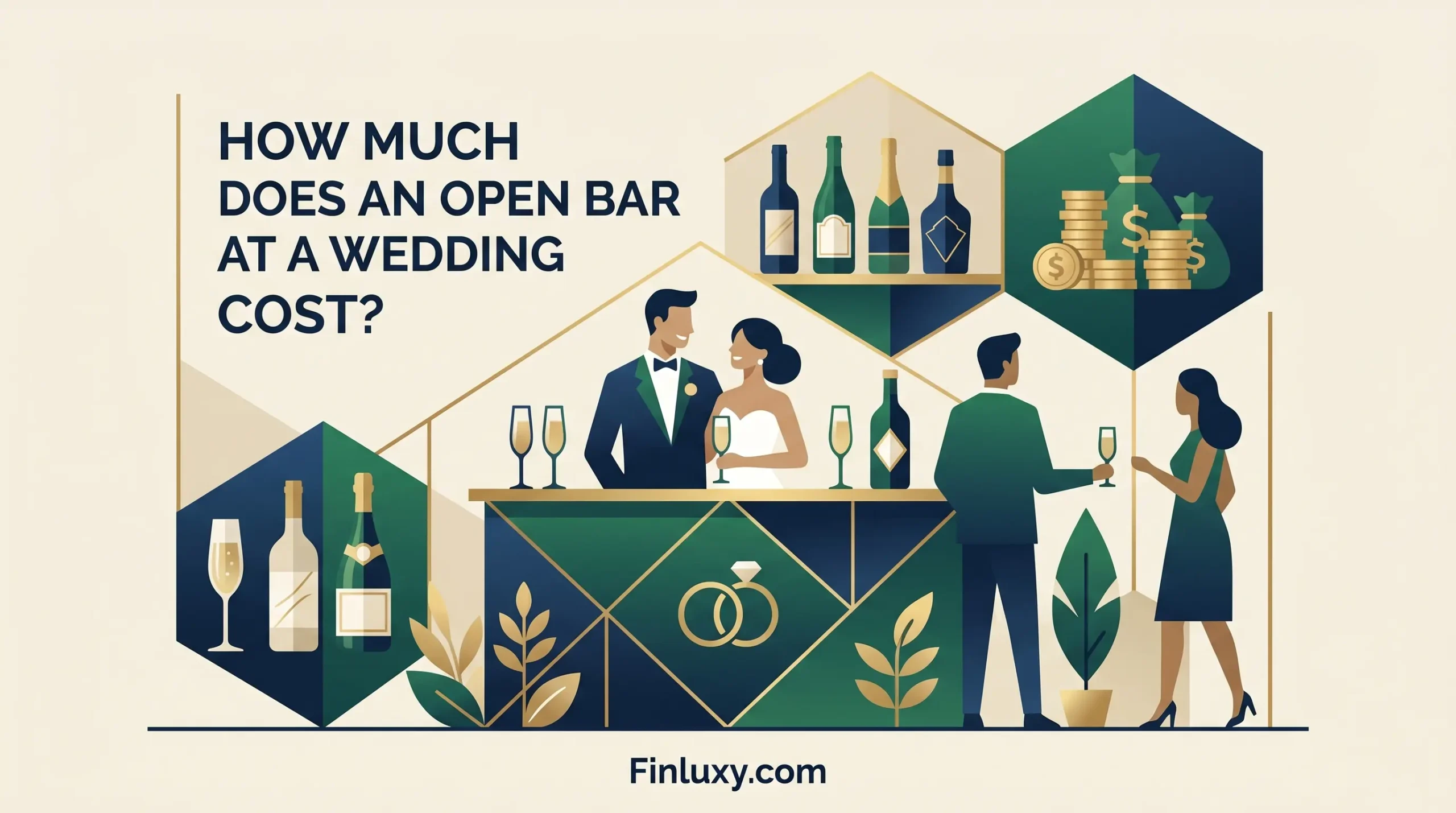 Geometric vector illustration of a wedding couple at a modern bar with green and gold accents, featuring finance and celebration icons.