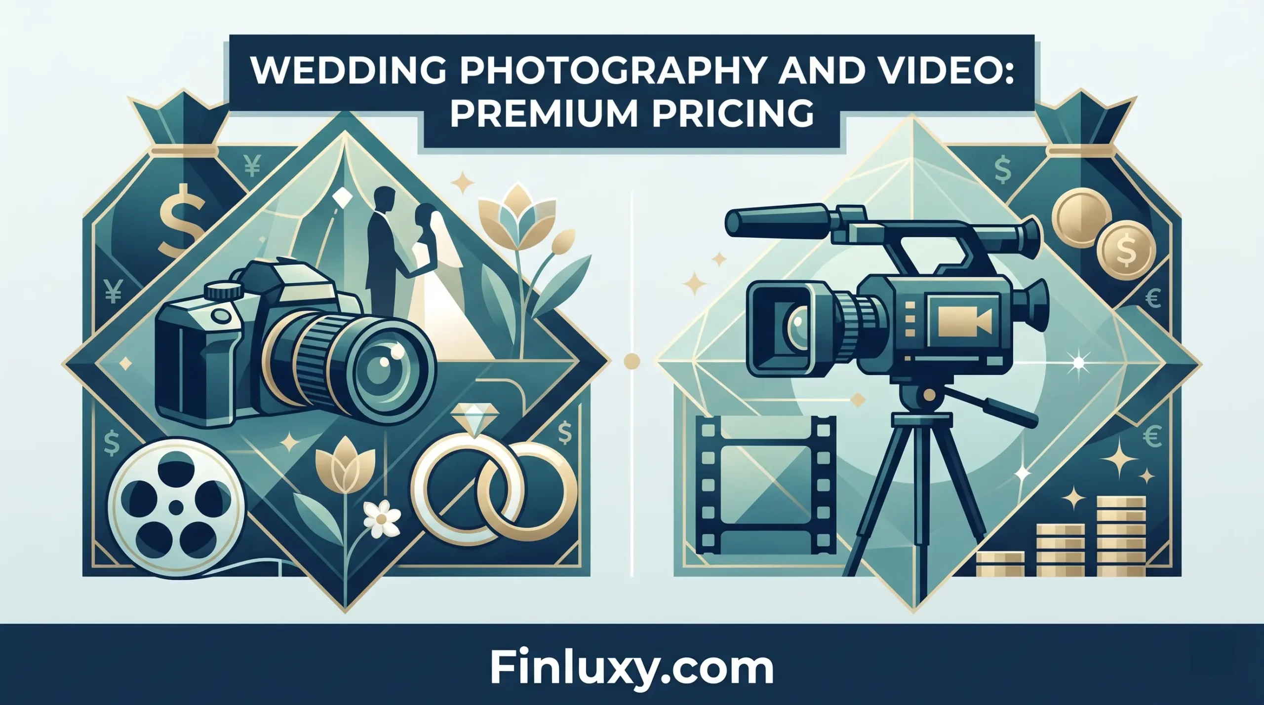 Geometric vector illustration featuring a camera and video recorder with premium gold and teal financial elements for wedding services.