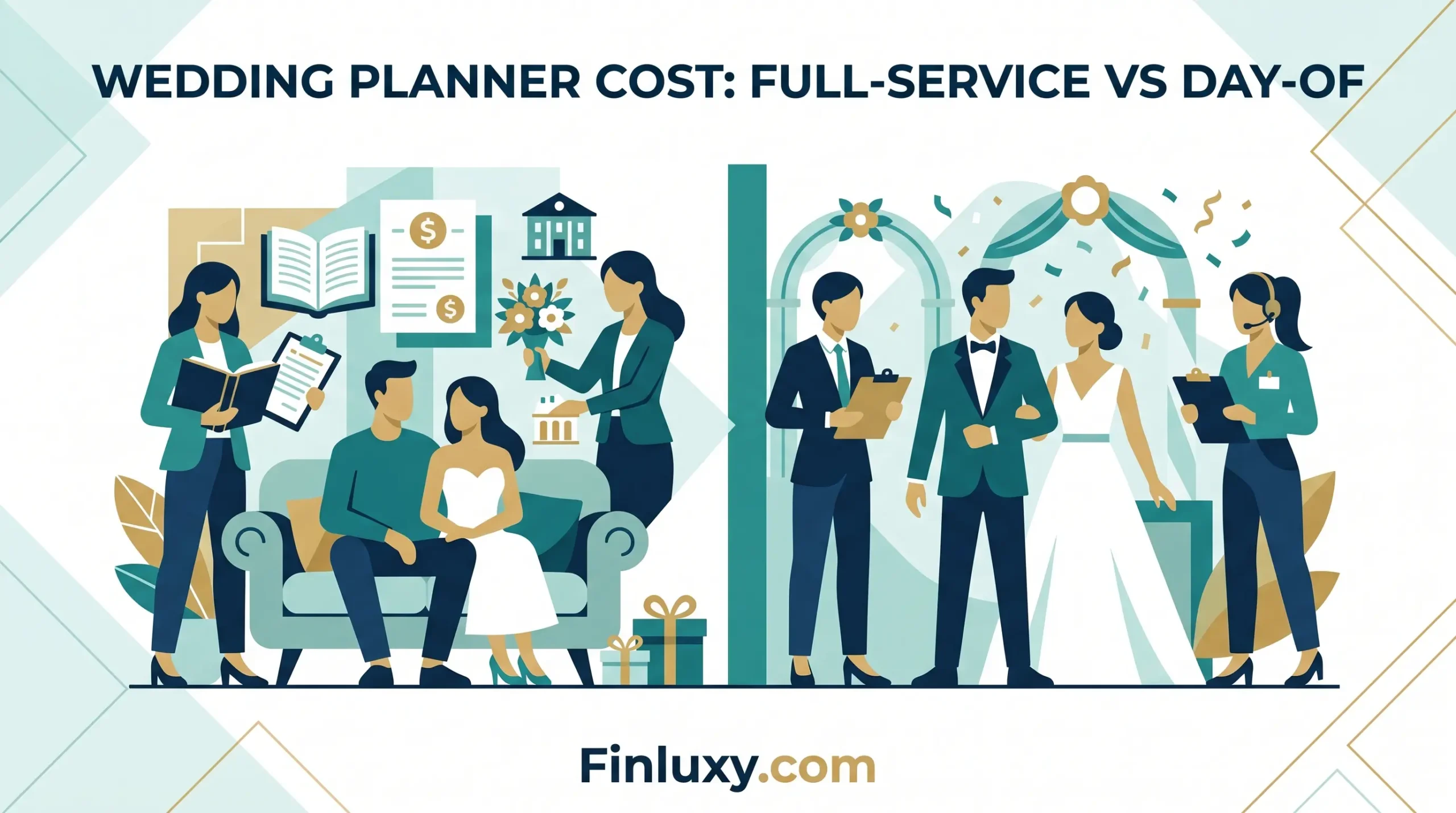 A split geometric illustration comparing comprehensive full-service wedding planning (left) with focused day-of coordination (right) on a clean, premium background with topic text.