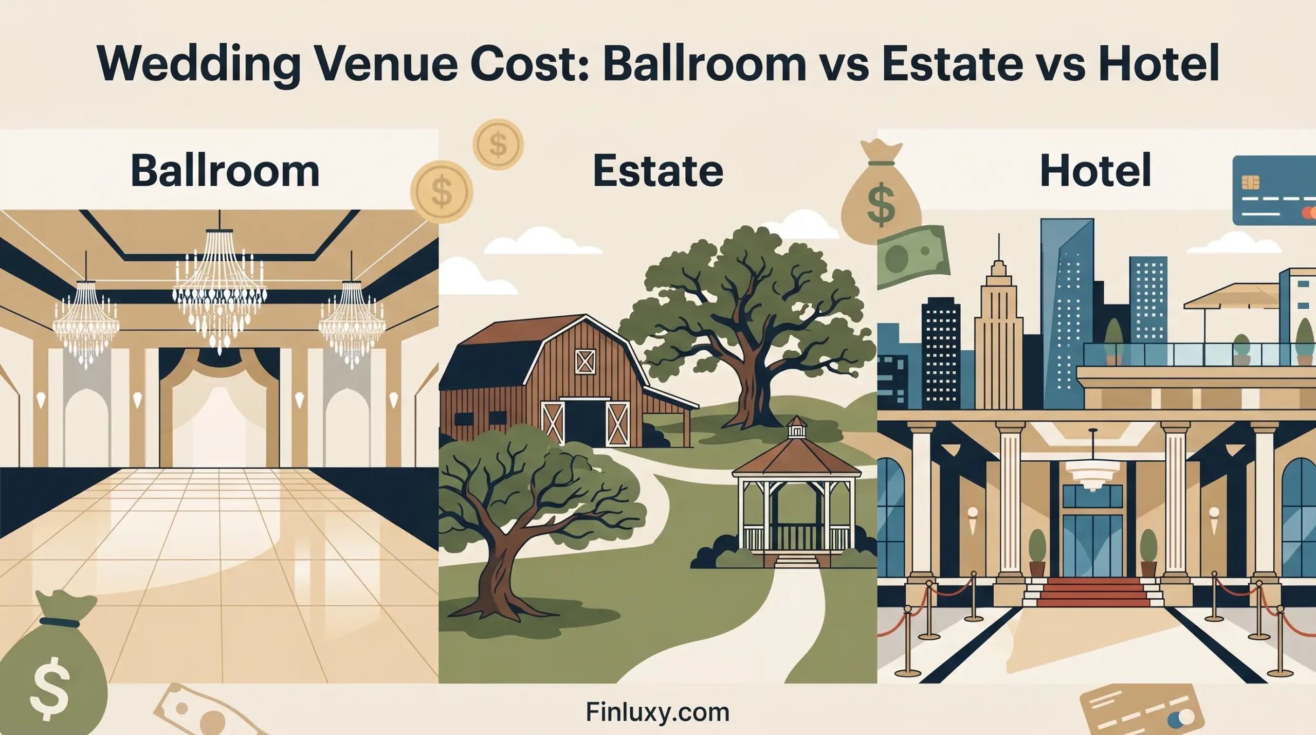 Geometric vector illustration comparing a wedding ballroom, rural estate, and luxury hotel venue with the headline "Wedding Venue Cost".