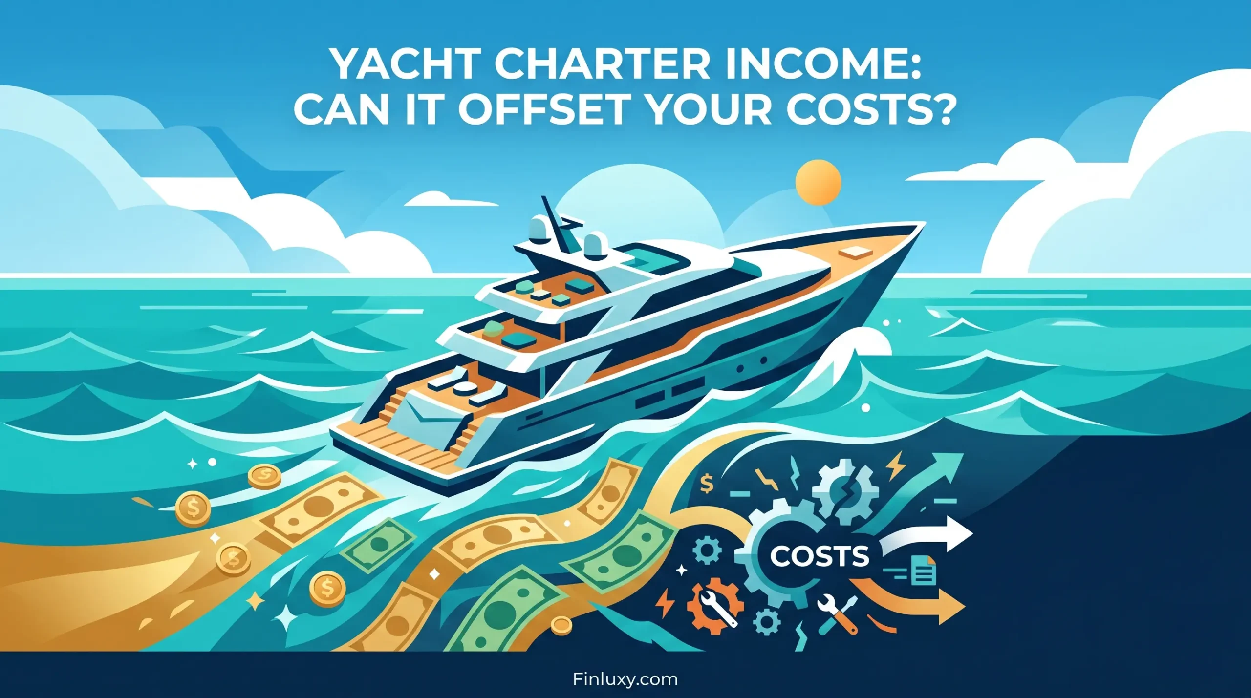 A geometric vector illustration showing a luxury yacht on the ocean, with money flowing from it towards a 'costs' graphic.