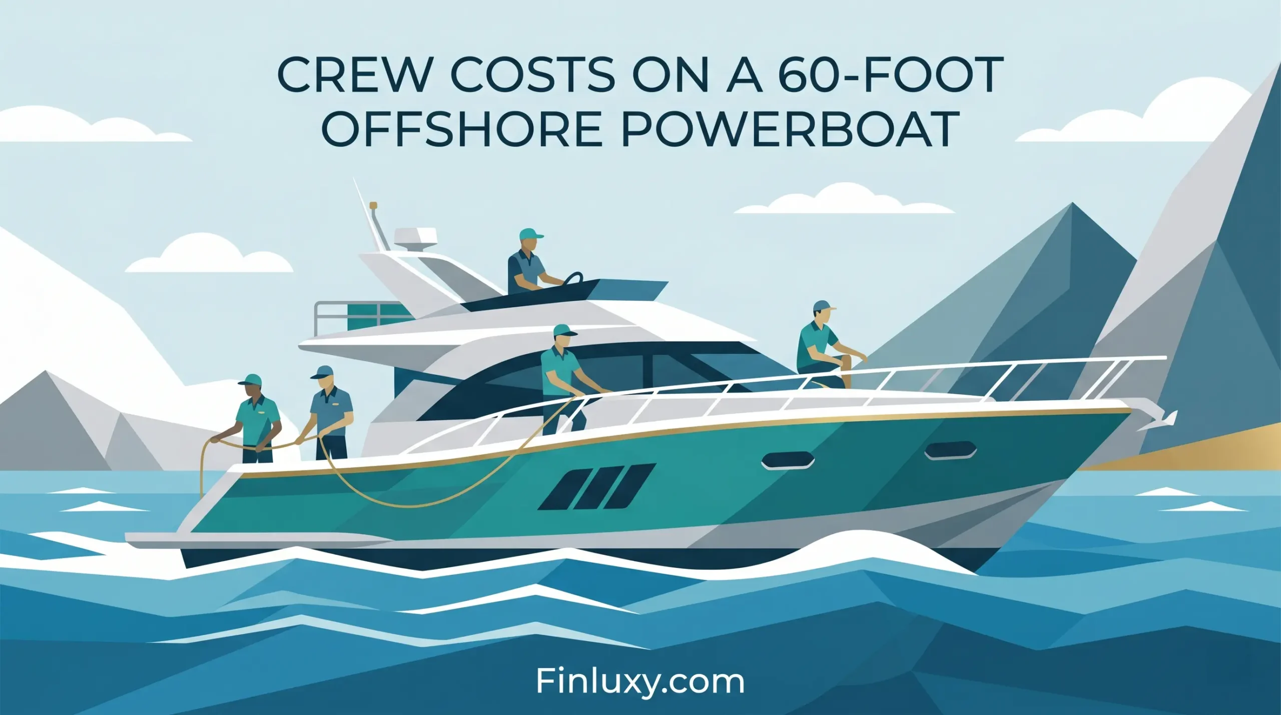 Geometric illustration of a 60-foot offshore powerboat with abstract crew figures, suitable for a Finluxy.com article featured image.