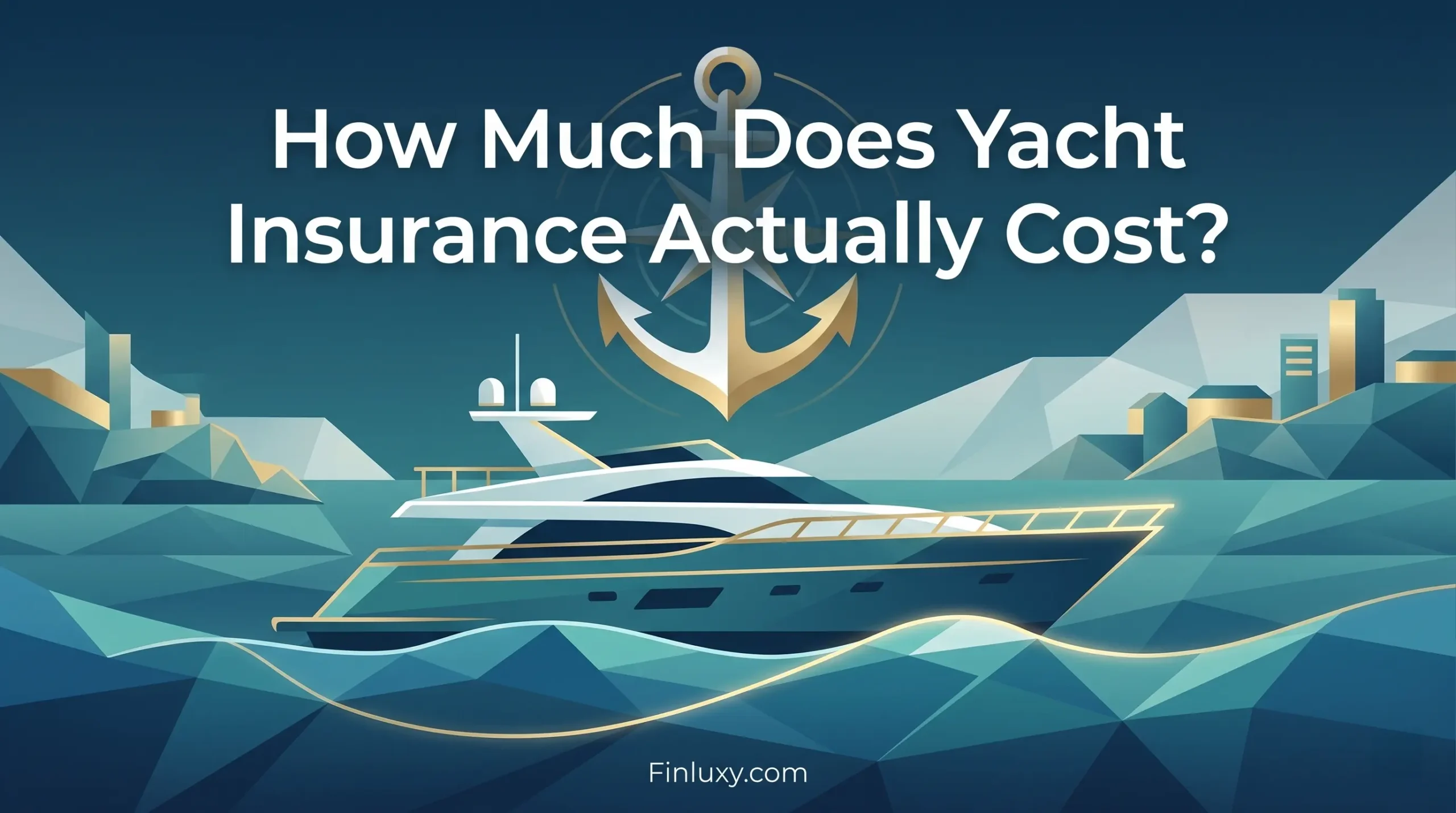 Geometric vector illustration of a luxury yacht under a large anchor, with Finluxy.com at the bottom.