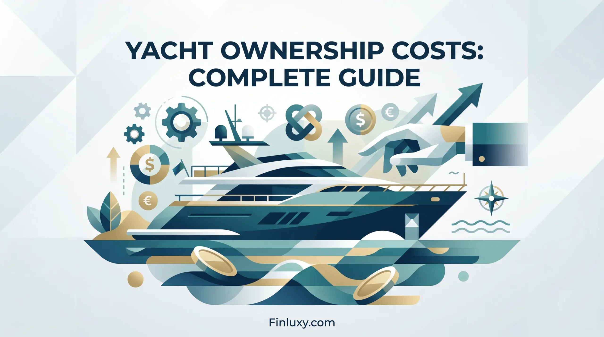 A modern geometric illustration of a sleek yacht with abstract financial symbols and a clear title banner.