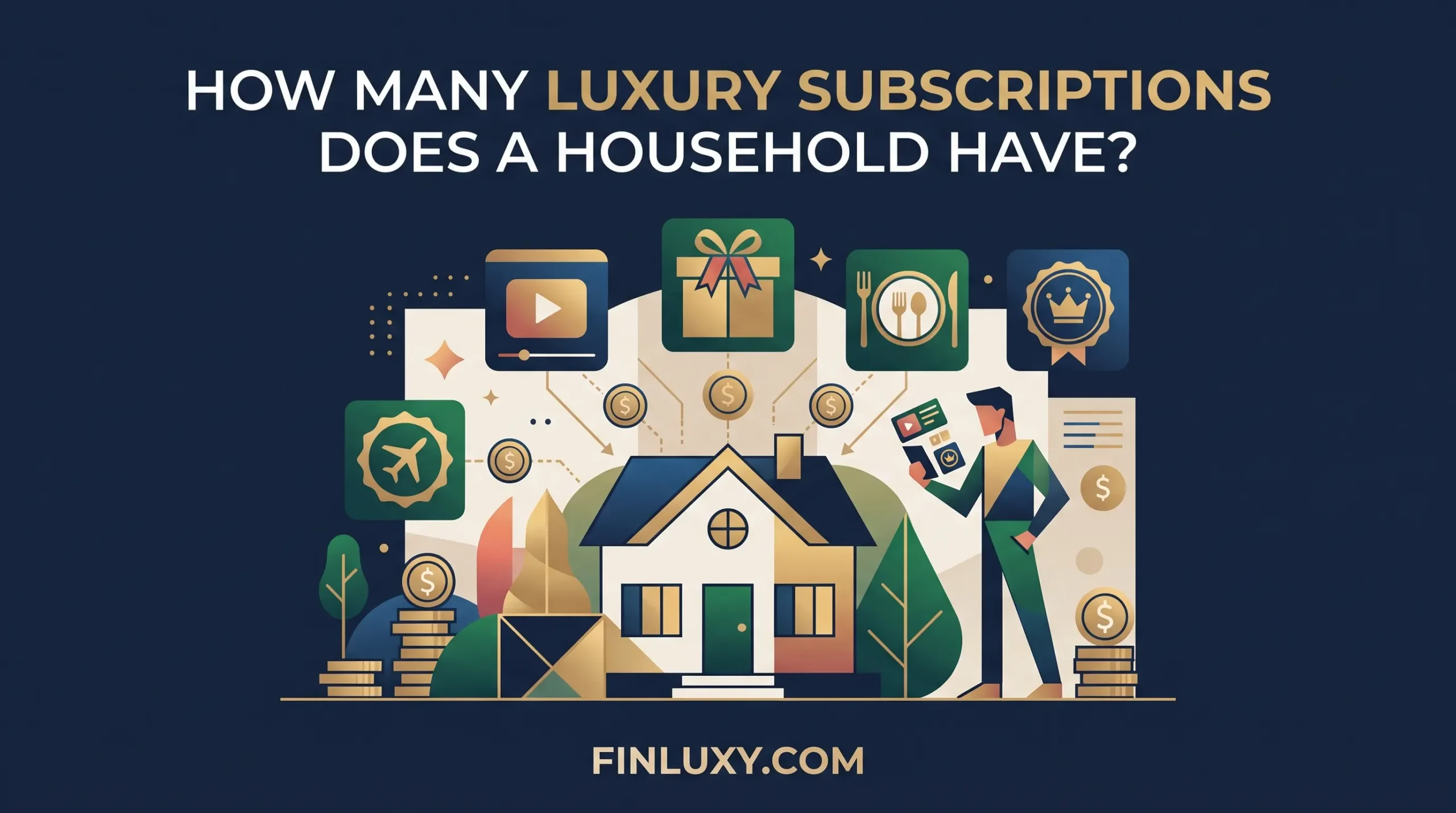 Geometric vector illustration of a house surrounded by icons for travel, video, food, and premium service subscriptions.