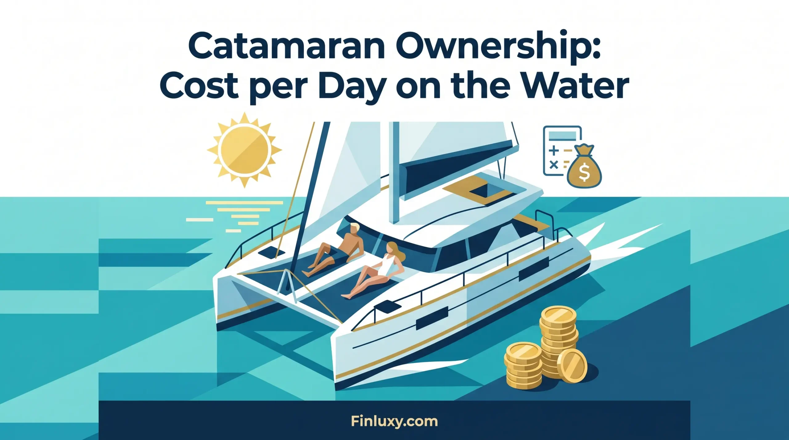 A geometric vector illustration for Finluxy showing a couple relaxing on a catamaran, representing ownership costs.
