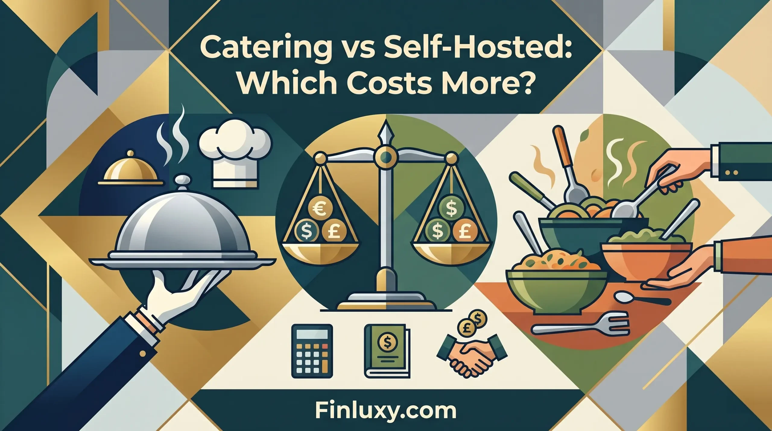 Geometric illustration comparing a catering cloche and home-cooked food on a scale with the headline "Catering vs Self-Hosted: Which Costs More?".