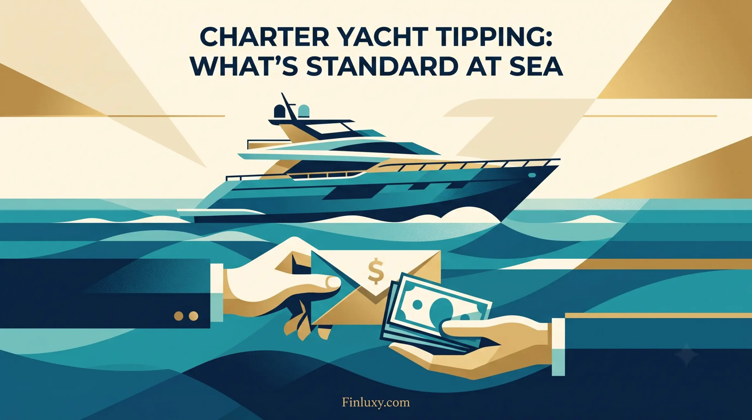 A modern geometric illustration of a luxury yacht at sea with hands exchanging cash and an envelope.