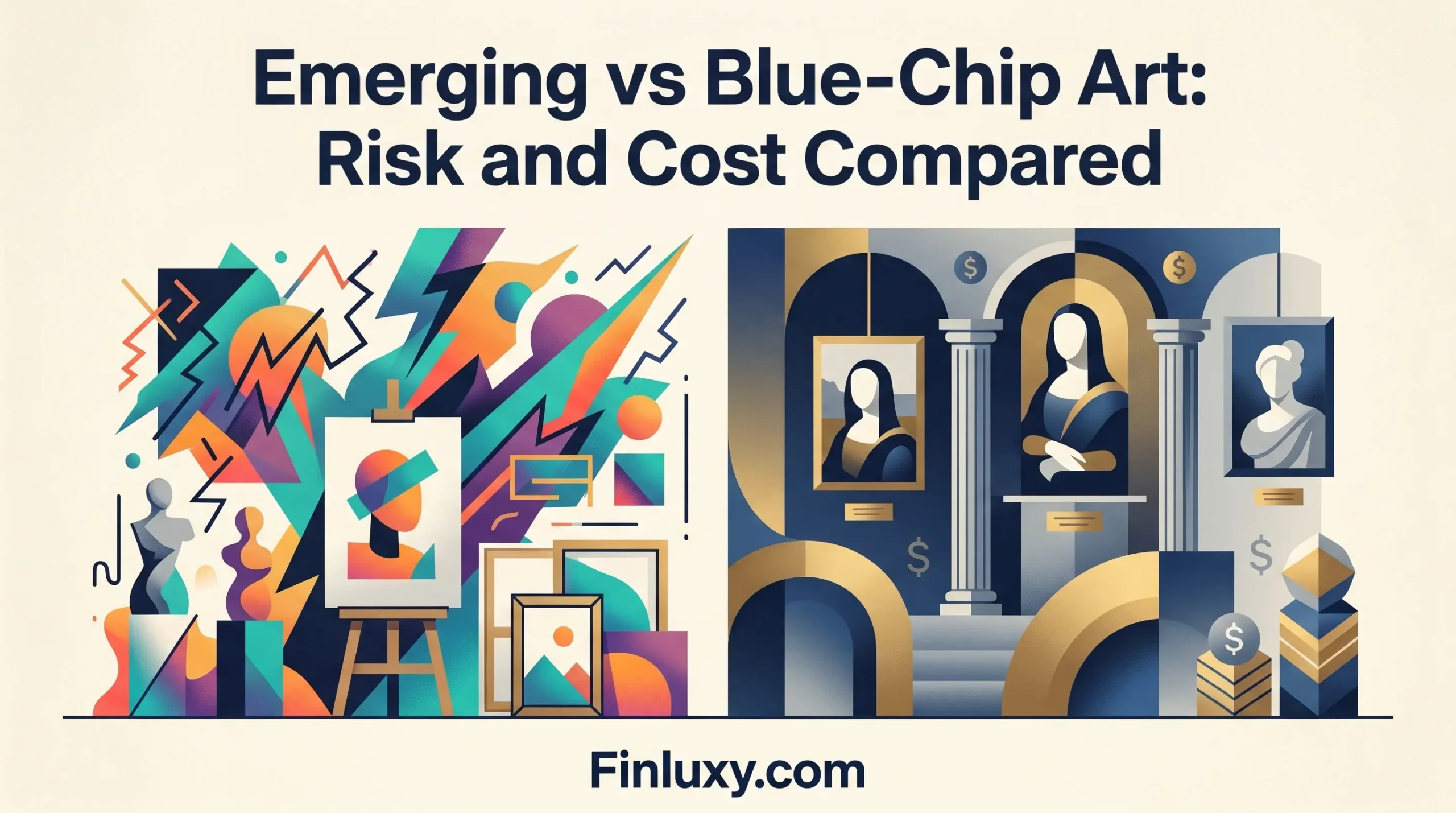 Geometric vector illustration comparing dynamic, volatile emerging art (left) with stable, high-value blue-chip masterpieces in a gallery (right).