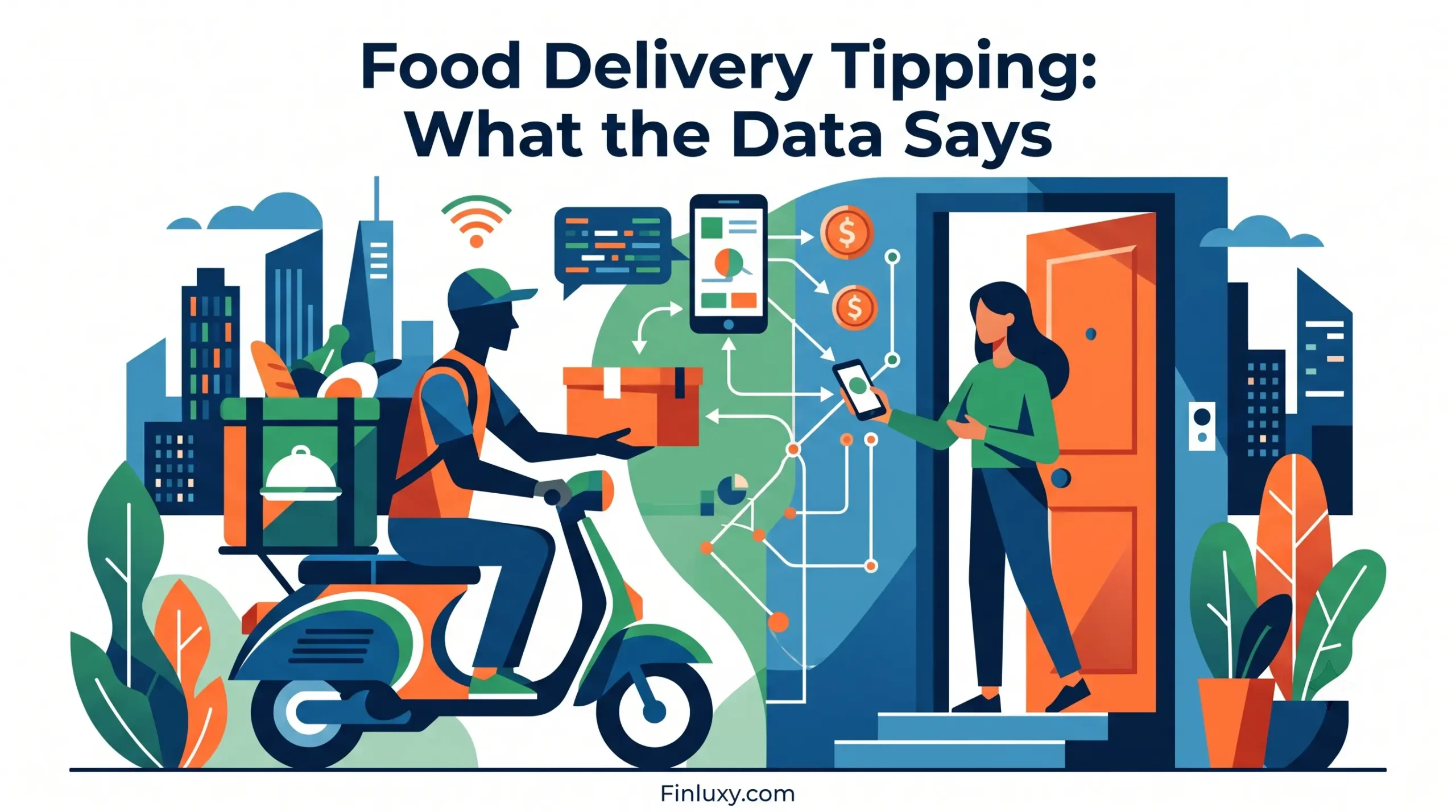 Geometric vector illustration of a food delivery rider handing an order to a customer, representing tipping trends.