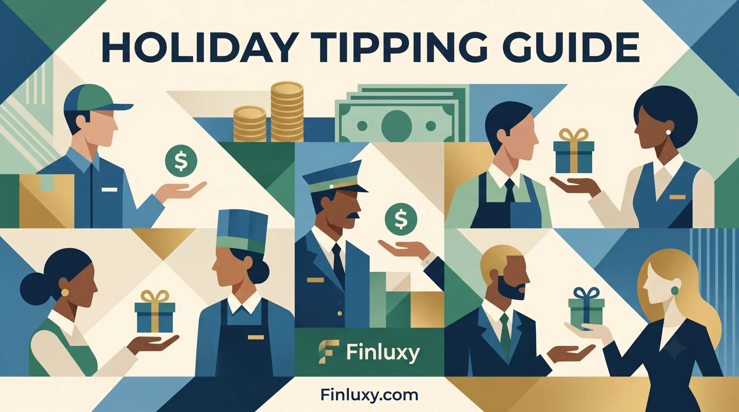 Modern geometric illustration for a Holiday Tipping Guide showing various service professionals receiving gifts and tips.