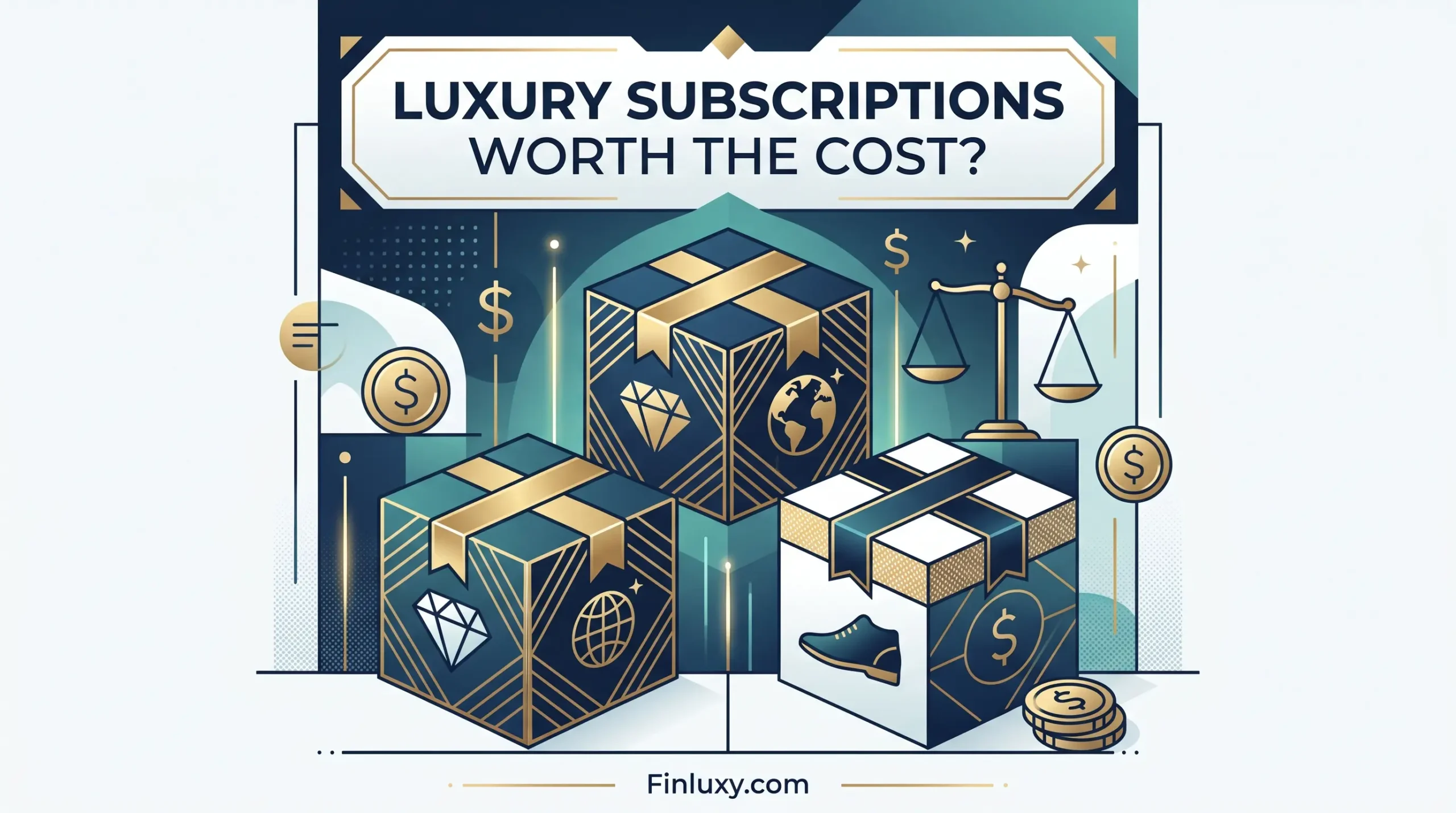 A minimal geometric vector illustration of premium subscription boxes and subtle finance elements, titled "Luxury Subscriptions Worth the Cost?"
