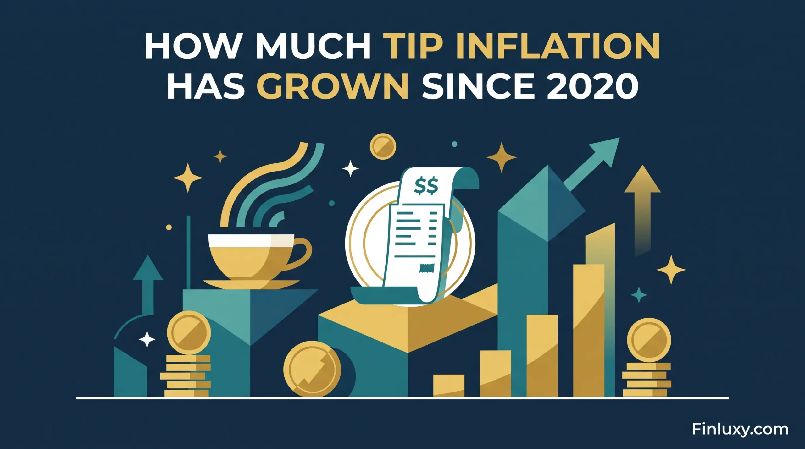 Minimalist vector illustration showing a stylized receipt, coffee cup, and rising geometric arrows representing tip inflation.